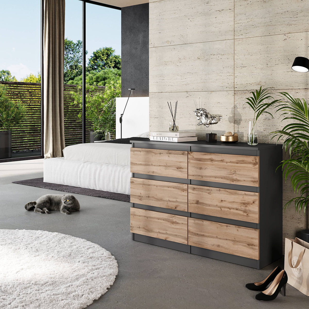 ARJEN Ladekast 100 x 71 x 33 cm – Dressoir met 6 Lades, Antraciet & Wotan Eiken, MFC Opbergkast
