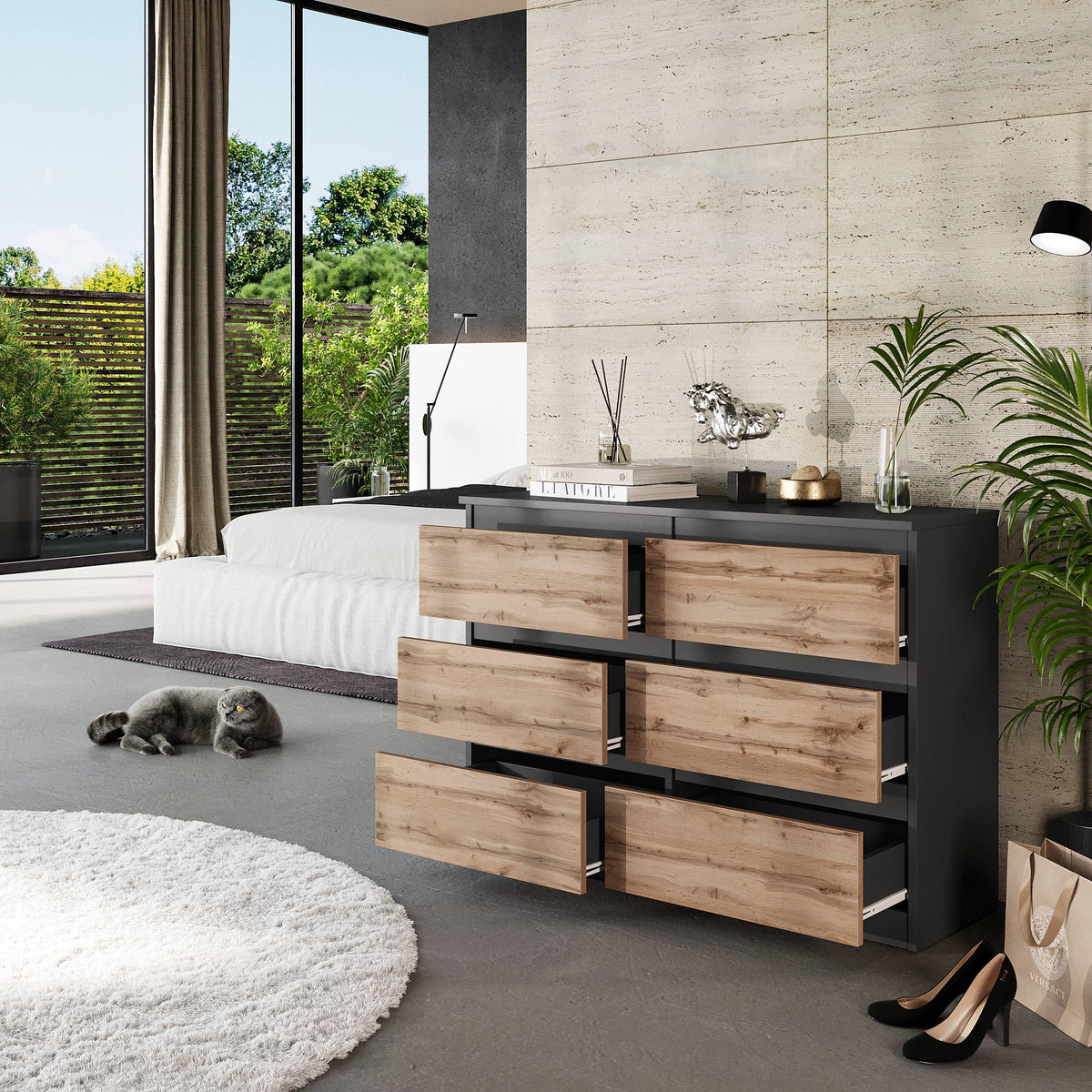 ARJEN Ladekast 100 x 71 x 33 cm – Dressoir met 6 Lades, Antraciet & Wotan Eiken, MFC Opbergkast