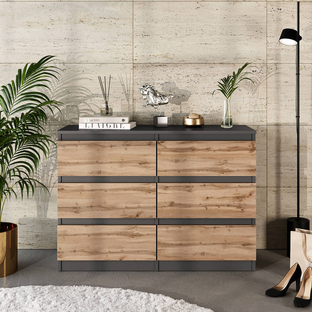 ARJEN Ladekast 100 x 71 x 33 cm – Dressoir met 6 Lades, Antraciet & Wotan Eiken, MFC Opbergkast