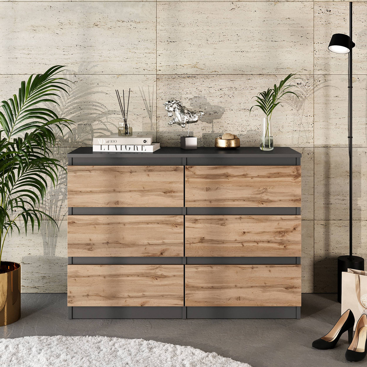 ARJEN Ladekast 100 x 71 x 33 cm – Dressoir met 6 Lades, Antraciet & Wotan Eiken, MFC Opbergkast