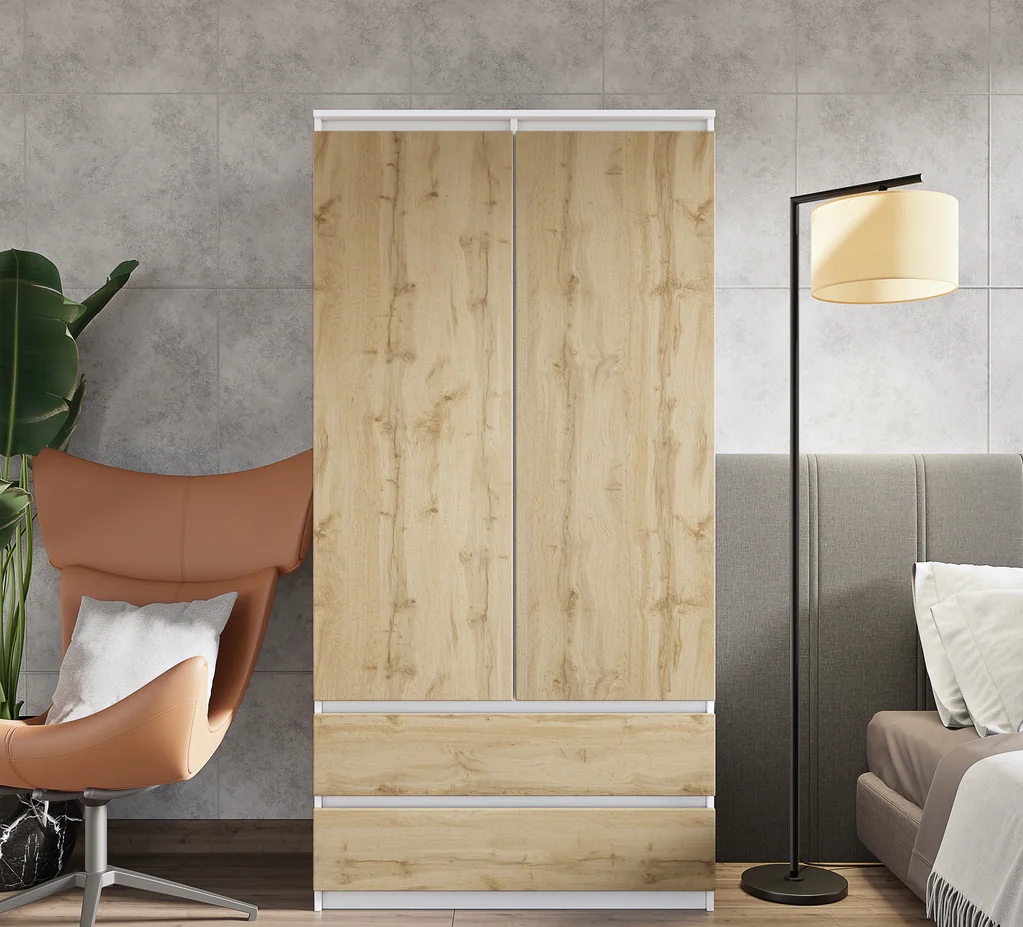 DIERK Kledingkast 90 x 180 x 50 cm – 2 Deuren & 2 Lades, Mat Wit & Wotan Eiken
