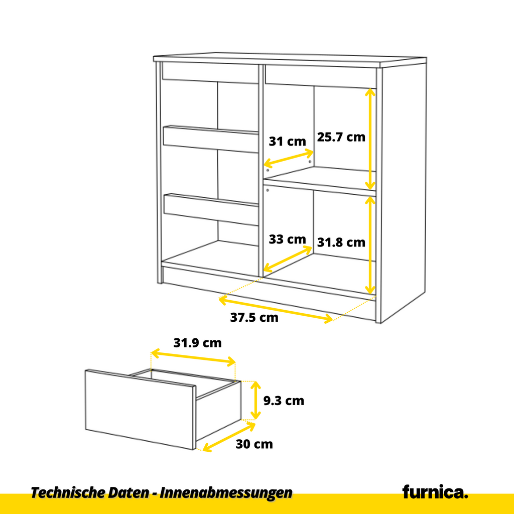 CONRAD Dressoir 80 x 75 x 35 cm – Sideboard met 1 Deur & 3 Laden, Wotan Eiken & Hoogglans Wit, Opbergkast