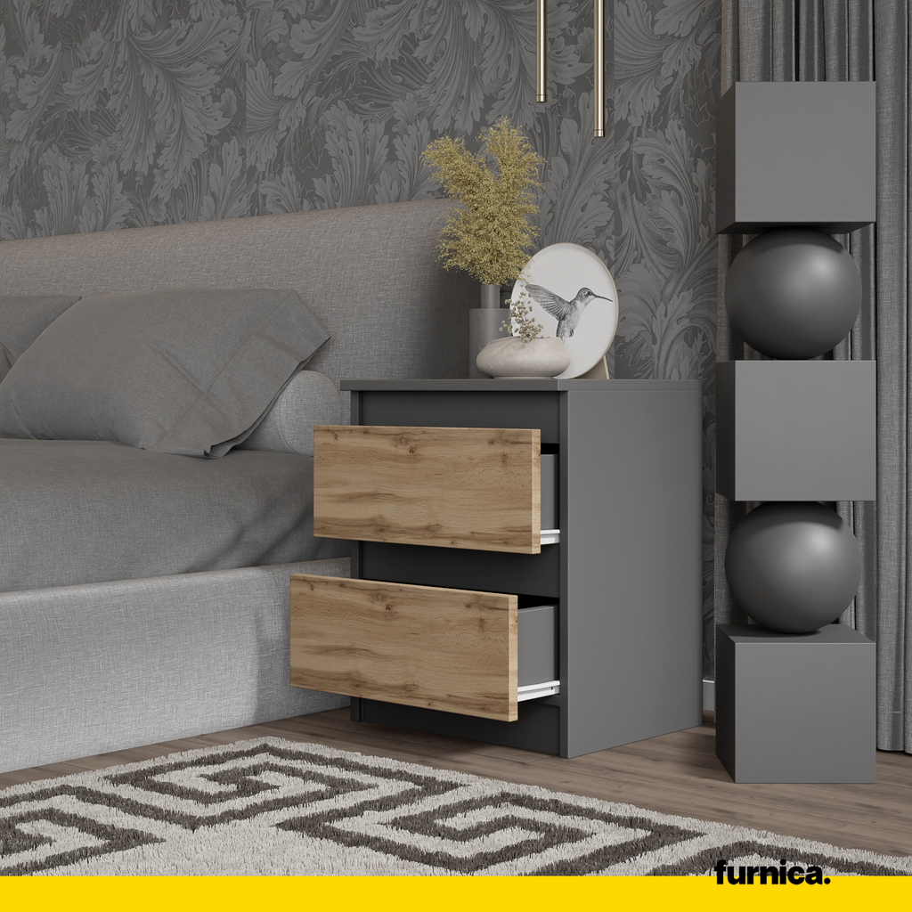 2x ADAM BIG Nachtkastje / Nachtkast met 2 Laden – Antraciet / Wotan Eiken, MFC, H50 × B41 × D33 cm