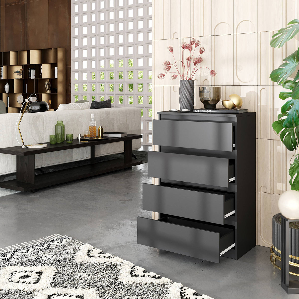 JORREN Ladekast 60 x 92 x 33 cm – Dressoir met 4 Lades, Antracietgrijs, MFC Opbergkast