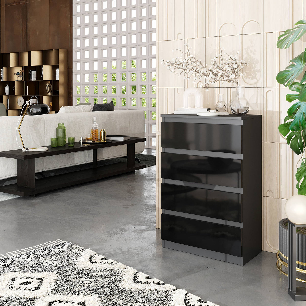 VINCENT Dressoir / Sideboard met 4 Laden – Antraciet / Zwart Hoogglans, MFC, H92 × B60 × D33 cm