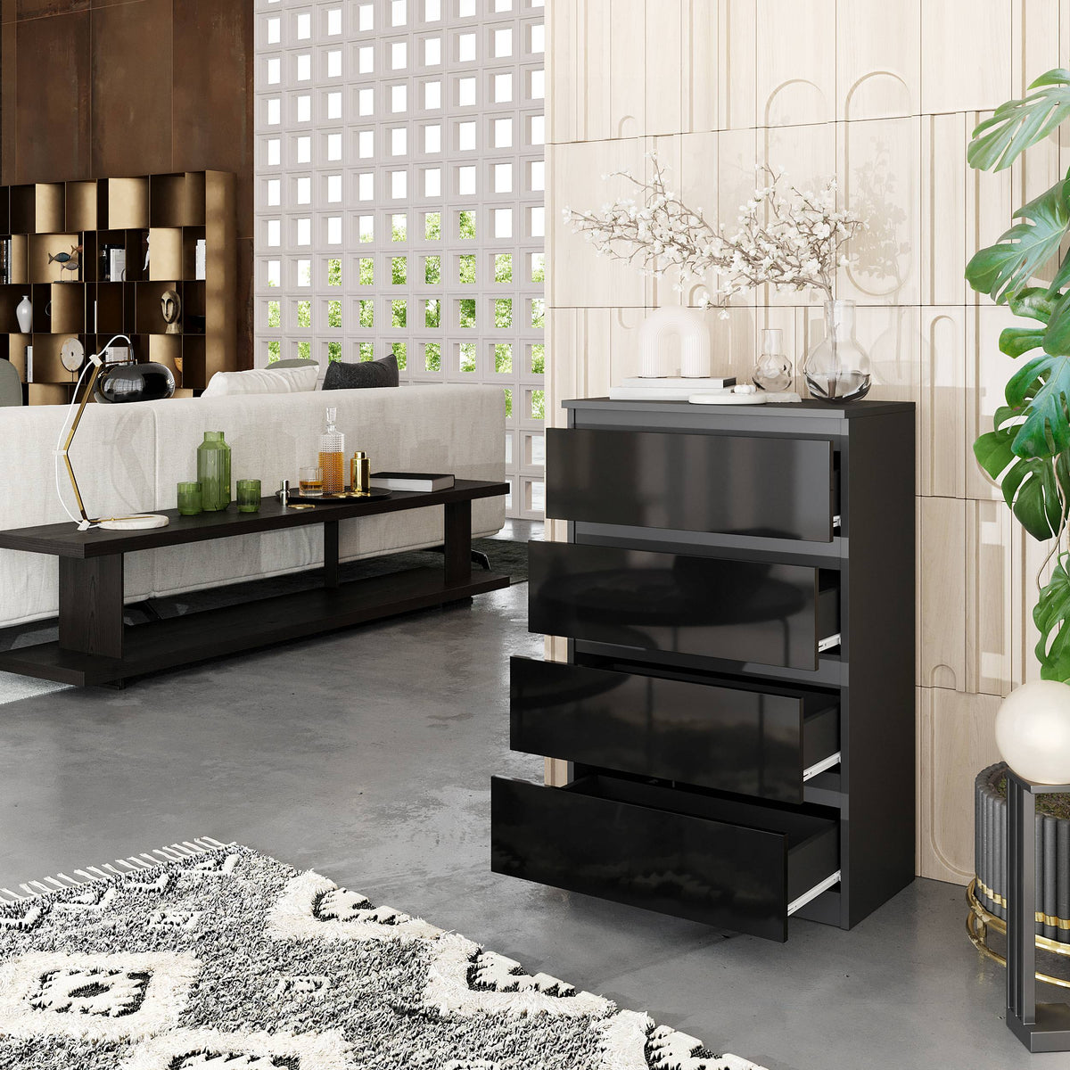 VINCENT Dressoir / Sideboard met 4 Laden – Antraciet / Zwart Hoogglans, MFC, H92 × B60 × D33 cm