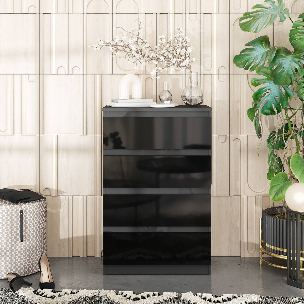 VINCENT Dressoir / Sideboard met 4 Laden – Antraciet / Zwart Hoogglans, MFC, H92 × B60 × D33 cm