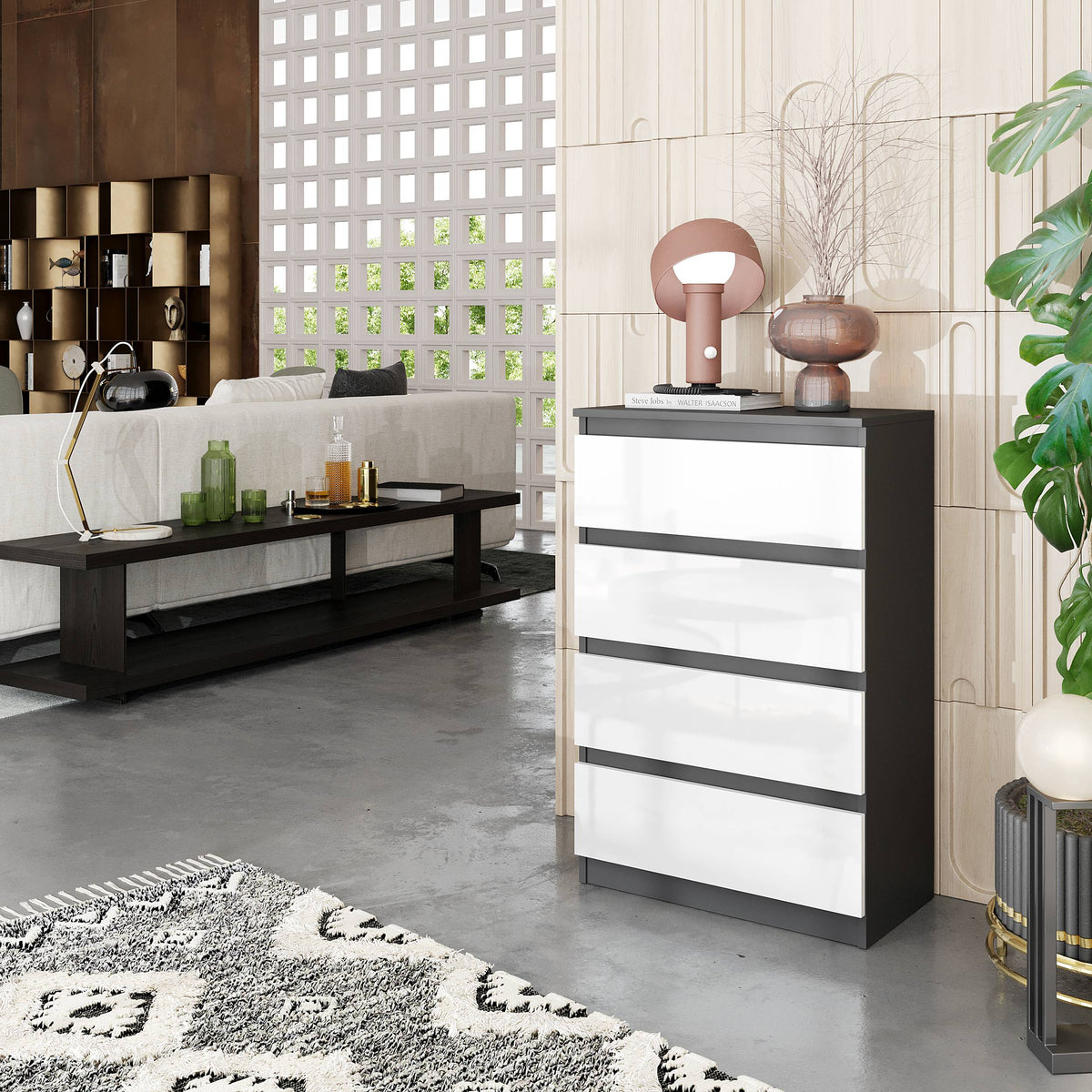 JOEL Dressoir / Sideboard met 4 Laden – Wit Mat / Antraciet, MFC, H92 × B60 × D33 cm