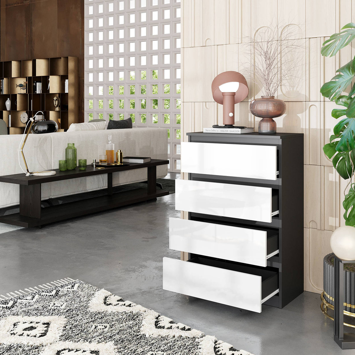 JOEL Dressoir / Sideboard met 4 Laden – Wit Mat / Antraciet, MFC, H92 × B60 × D33 cm