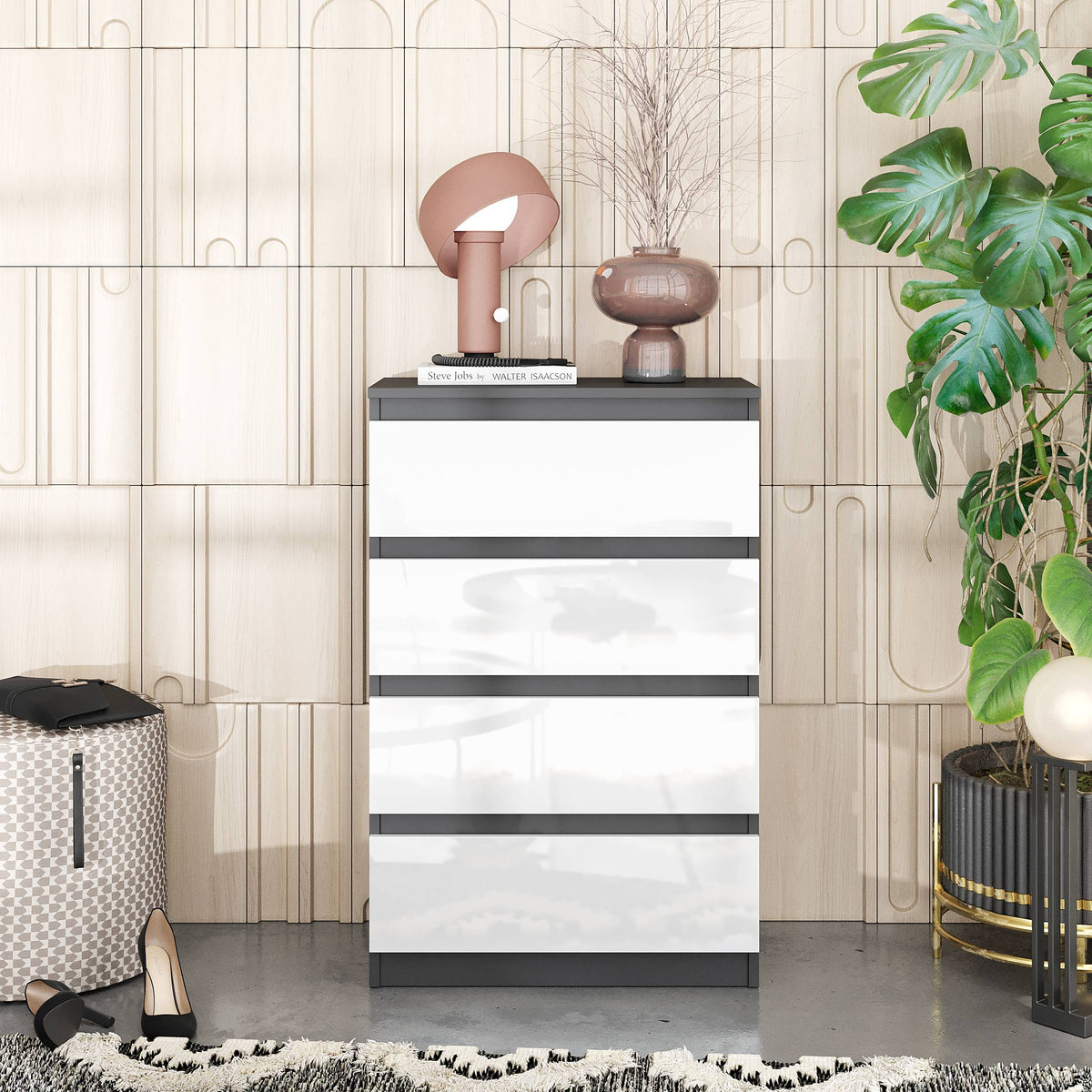 JOEL Dressoir / Sideboard met 4 Laden – Wit Mat / Antraciet, MFC, H92 × B60 × D33 cm