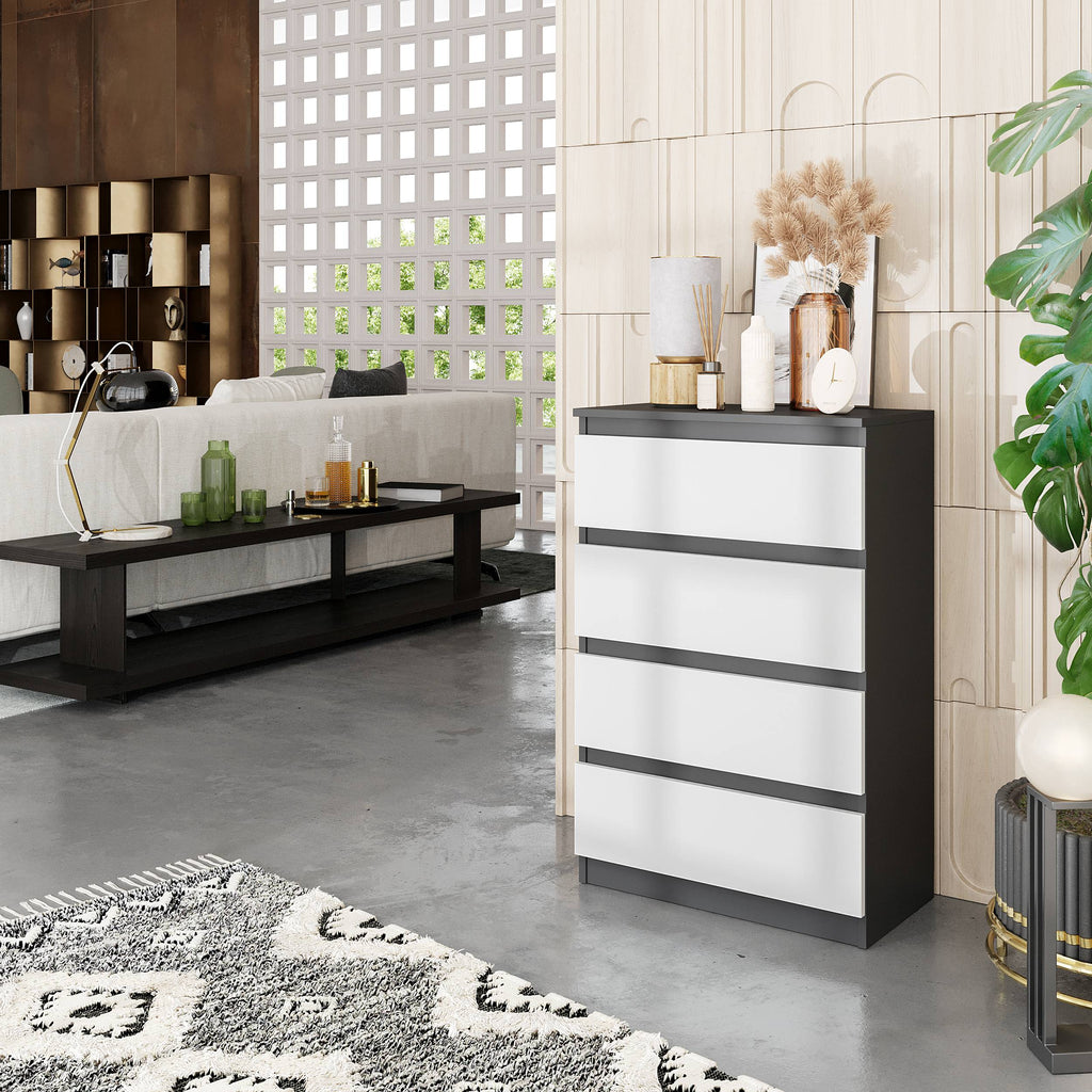 JOEL Dressoir / Sideboard met 4 Laden – Antraciet / Wit Mat, MFC, H92 × B60 × D33 cm