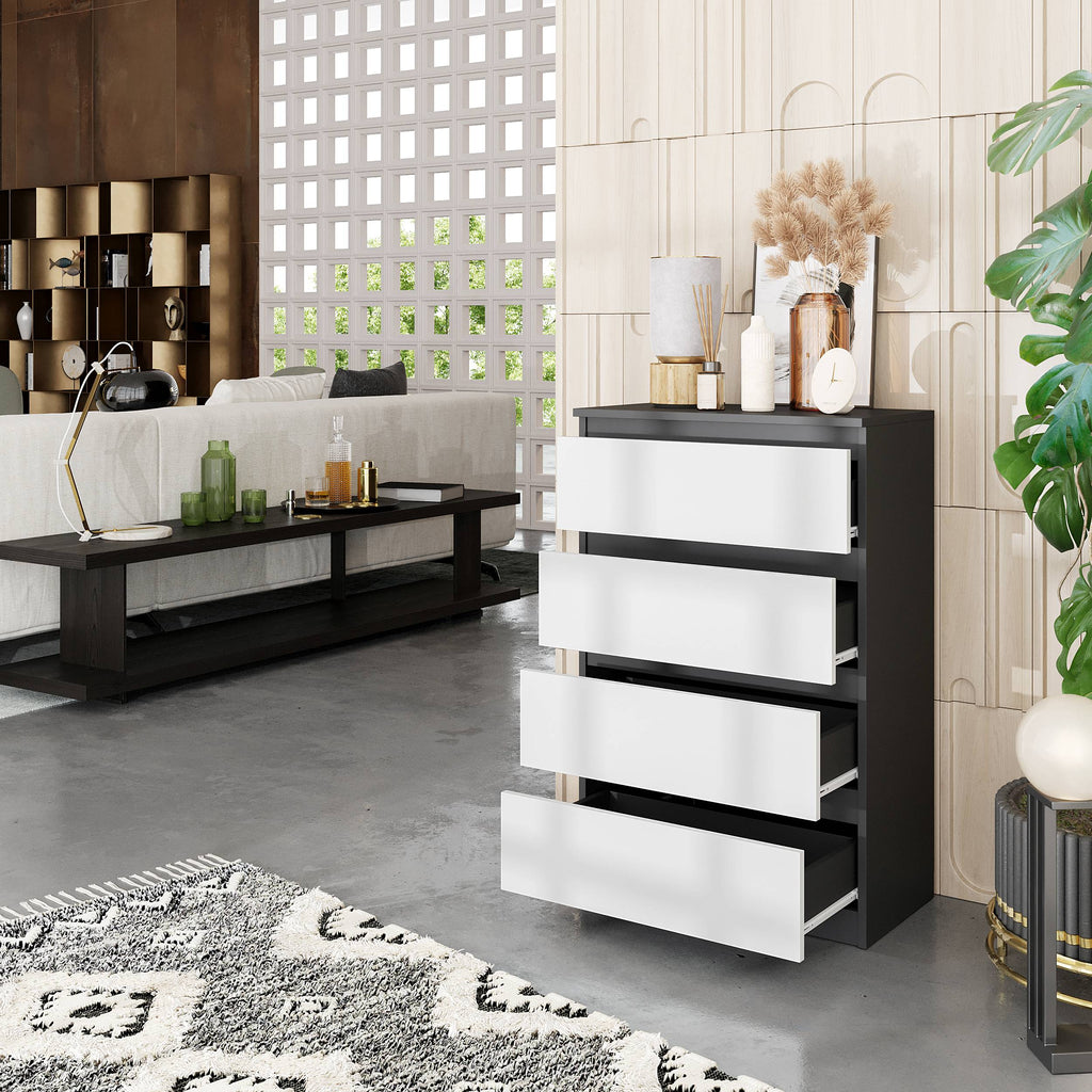 JOEL Dressoir / Sideboard met 4 Laden – Antraciet / Wit Mat, MFC, H92 × B60 × D33 cm