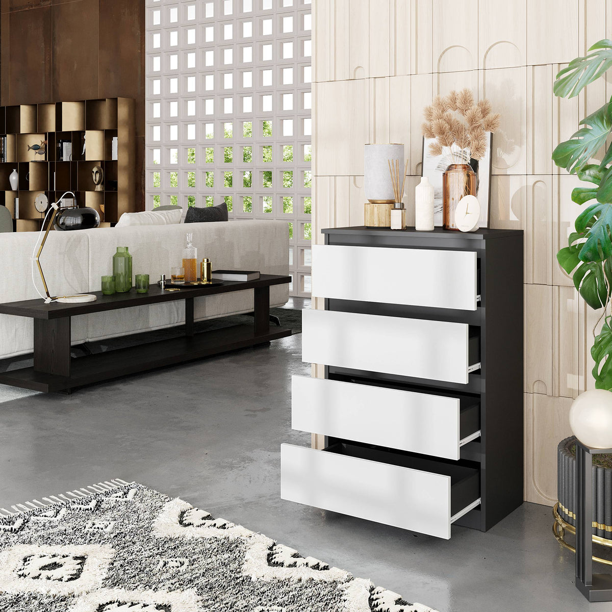JOEL Dressoir / Sideboard met 4 Laden – Antraciet / Wit Mat, MFC, H92 × B60 × D33 cm