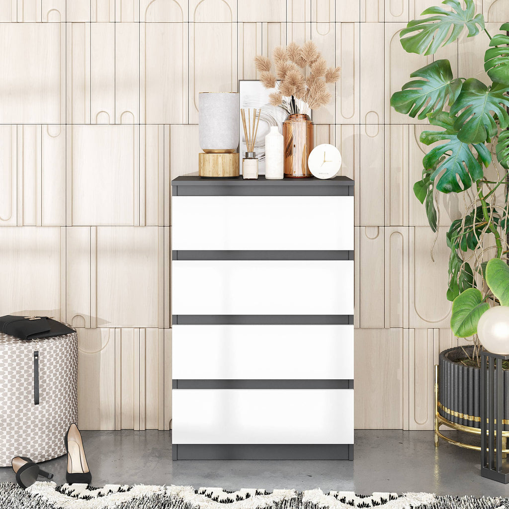 JOEL Dressoir / Sideboard met 4 Laden – Antraciet / Wit Mat, MFC, H92 × B60 × D33 cm