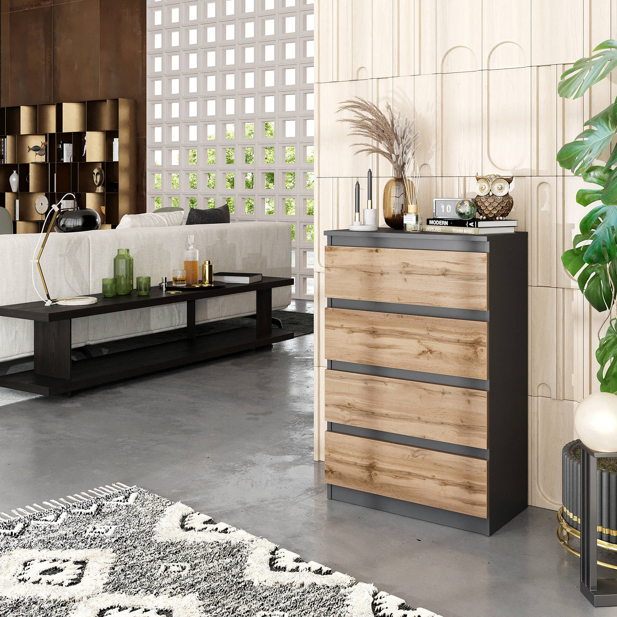 JILMER Ladekast 60 x 92 x 33 cm – Dressoir met 4 Lades, Antracietgrijs & Wotan Eiken, MFC