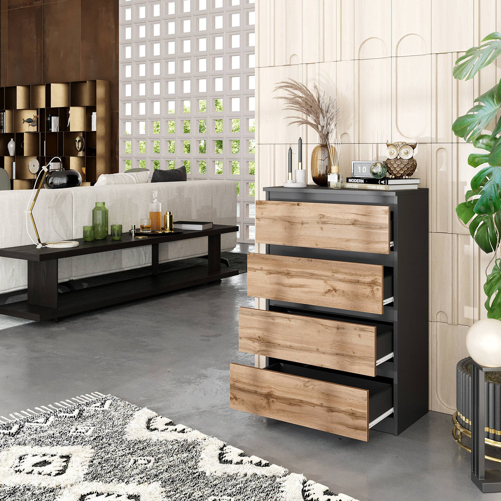 JILMER Ladekast 60 x 92 x 33 cm – Dressoir met 4 Lades, Antracietgrijs & Wotan Eiken, MFC