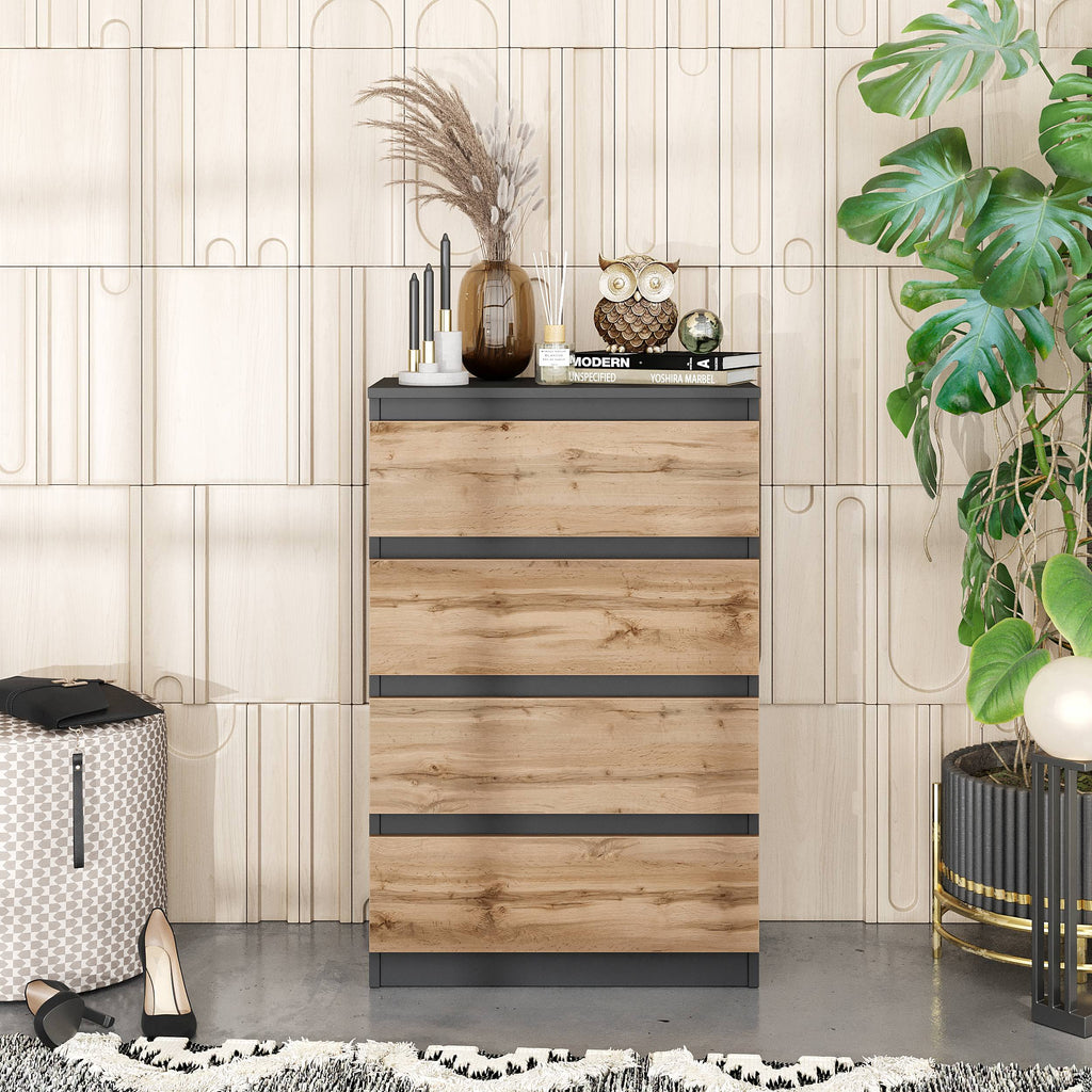 JILMER Ladekast 60 x 92 x 33 cm – Dressoir met 4 Lades, Antracietgrijs & Wotan Eiken, MFC