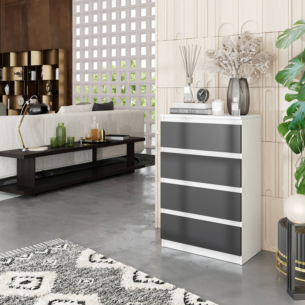 NOAH Dressoir / Sideboard met 4 Laden – Wit Mat / Antraciet, MFC, H92 × B60 × D33 cm