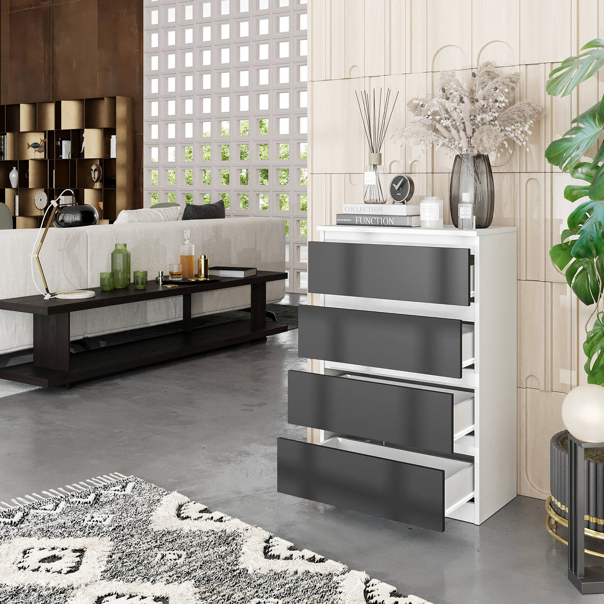 NOAH Dressoir / Sideboard met 4 Laden – Wit Mat / Antraciet, MFC, H92 × B60 × D33 cm