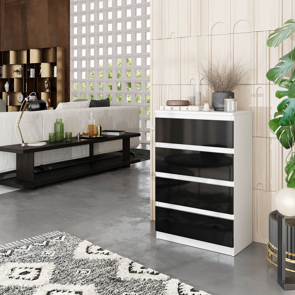 HARMEN Dressoir / Sideboard met 4 Laden – Wit Mat / Zwart Hoogglans, MFC, H92 × B60 × D33 cm