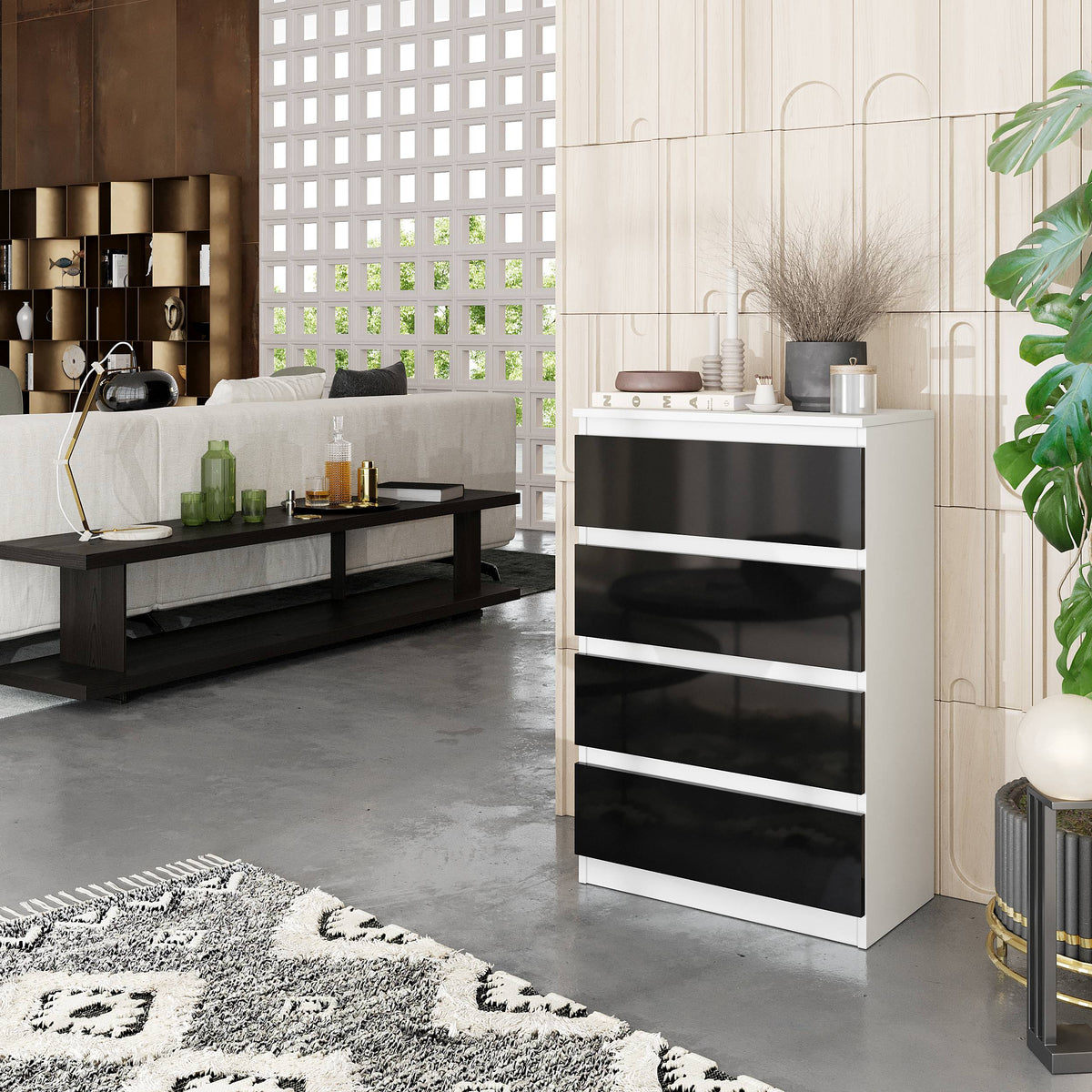 HARMEN Dressoir / Sideboard met 4 Laden – Wit Mat / Zwart Hoogglans, MFC, H92 × B60 × D33 cm