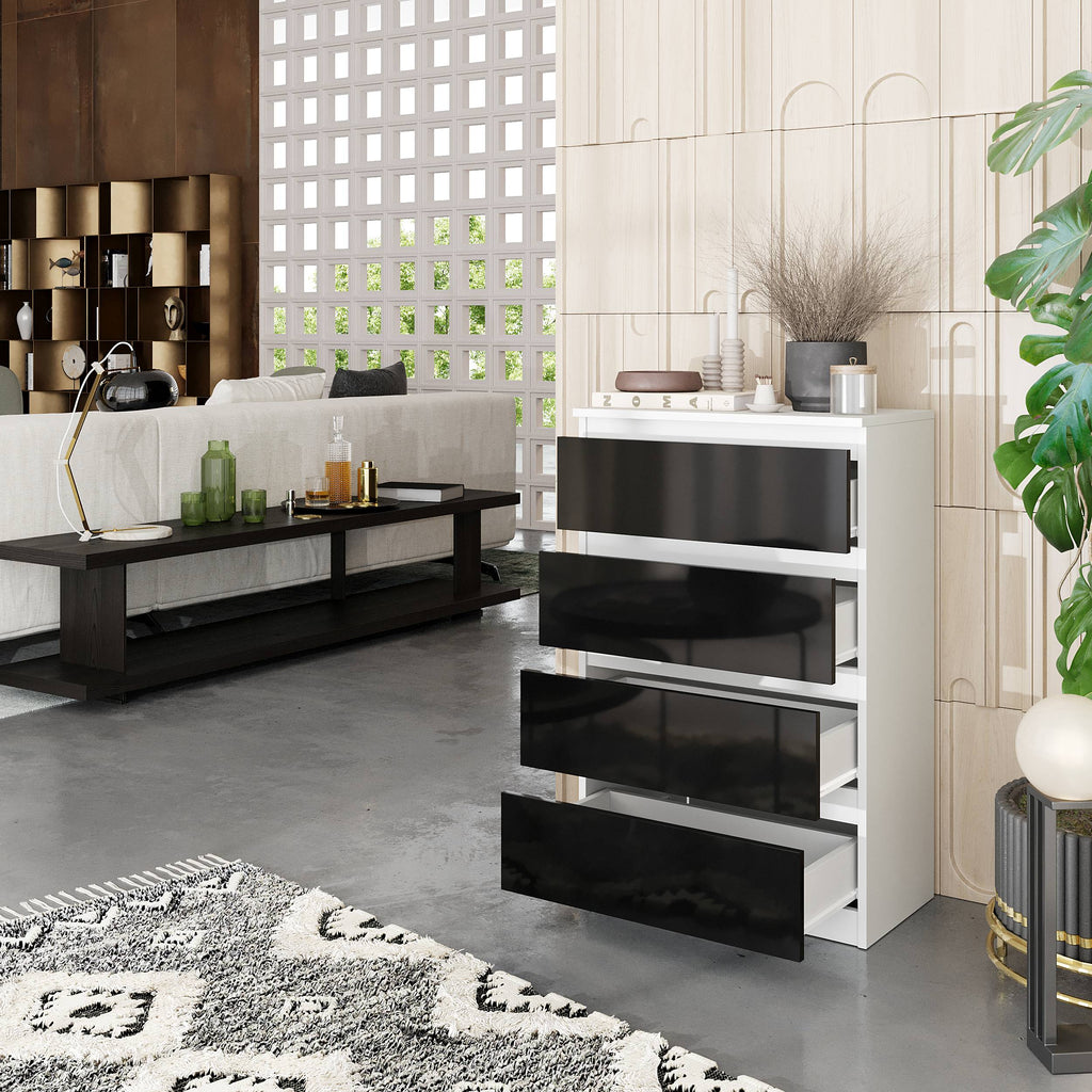 HARMEN Dressoir / Sideboard met 4 Laden – Wit Mat / Zwart Hoogglans, MFC, H92 × B60 × D33 cm