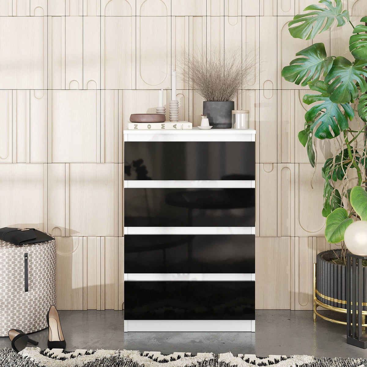 HARMEN Dressoir / Sideboard met 4 Laden – Wit Mat / Zwart Hoogglans, MFC, H92 × B60 × D33 cm