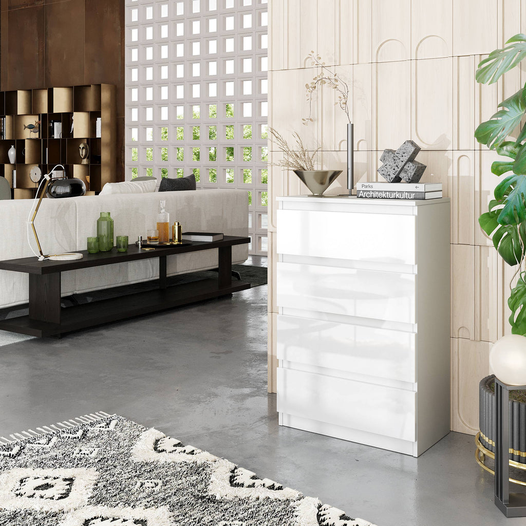 KIAN Dressoir / Sideboard met 4 Laden – Wit Mat / Wit Hoogglans, MFC, H92 × B60 × D33 cm