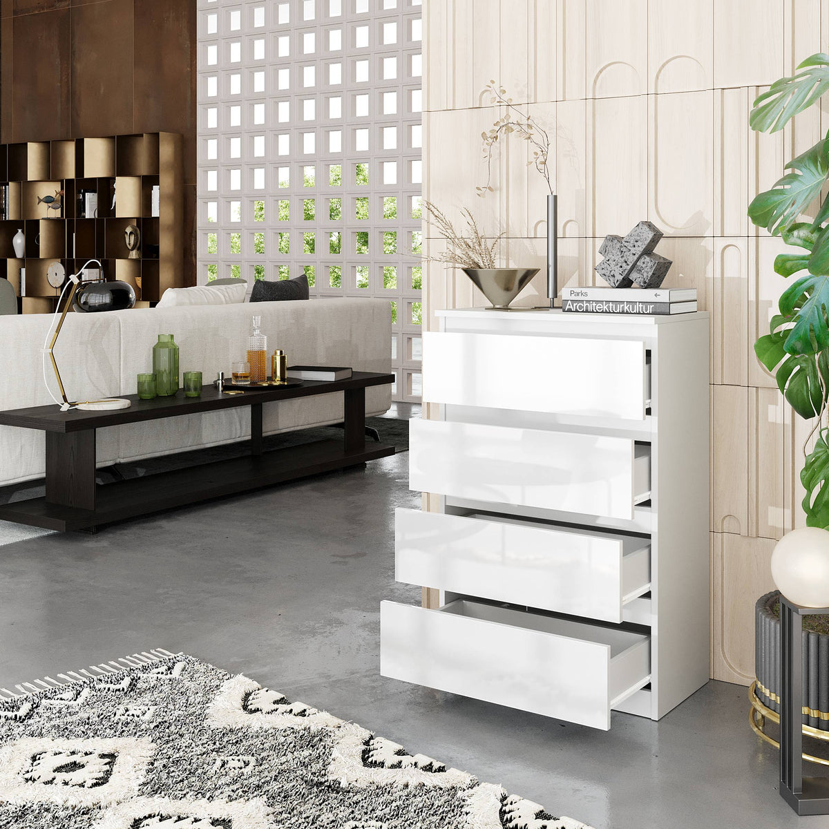 KIAN Dressoir / Sideboard met 4 Laden – Wit Mat / Wit Hoogglans, MFC, H92 × B60 × D33 cm