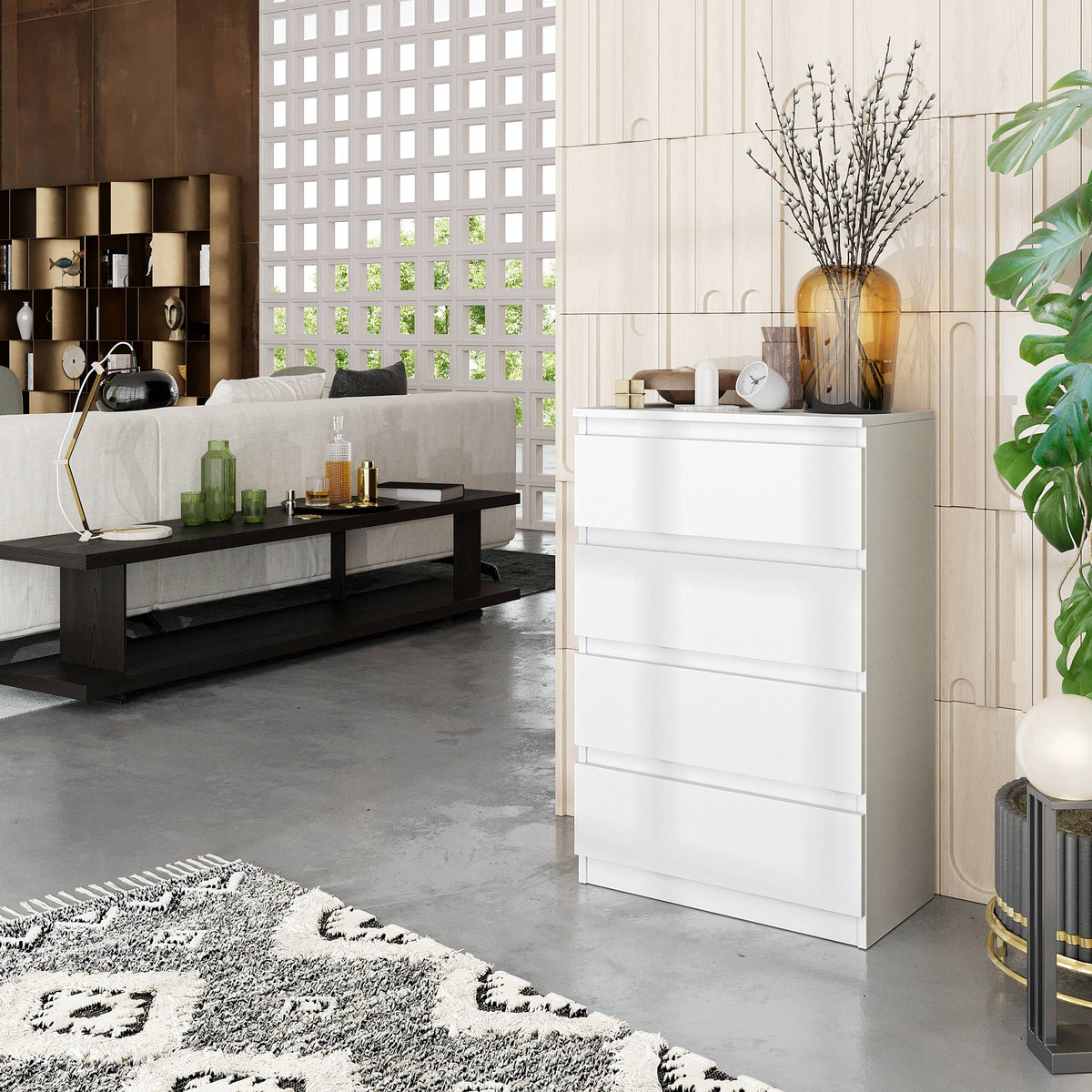 KIAN Dressoir / Sideboard met 4 Laden – Wit Mat, MFC, H92 × B60 × D33 cm