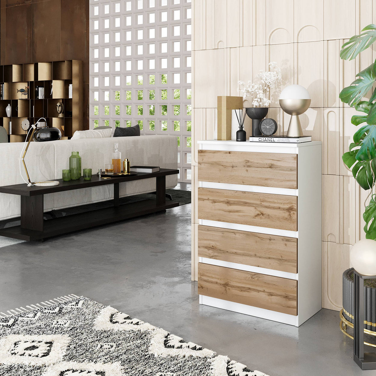 IGOR Dressoir / Sideboard met 4 Laden – Wit Mat / Wotan Eiken, MFC, H92 × B60 × D33 cm