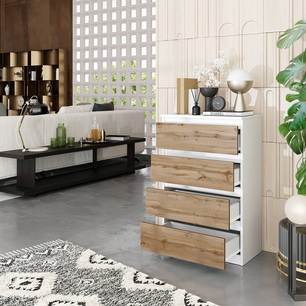 IGOR Dressoir / Sideboard met 4 Laden – Wit Mat / Wotan Eiken, MFC, H92 × B60 × D33 cm