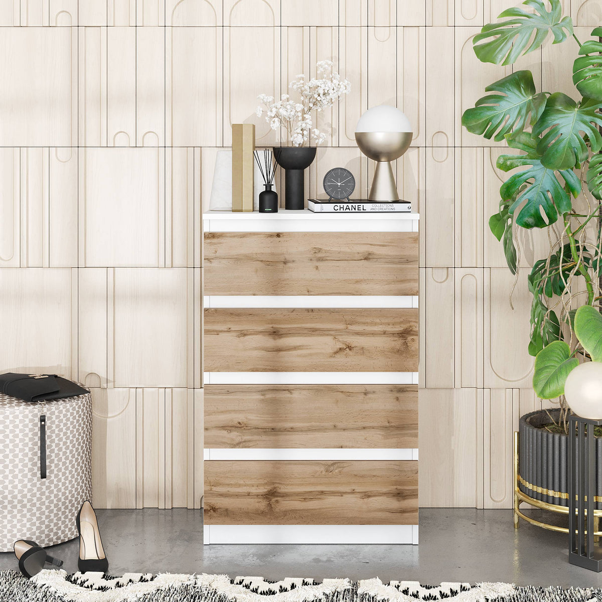 IGOR Dressoir / Sideboard met 4 Laden – Wit Mat / Wotan Eiken, MFC, H92 × B60 × D33 cm