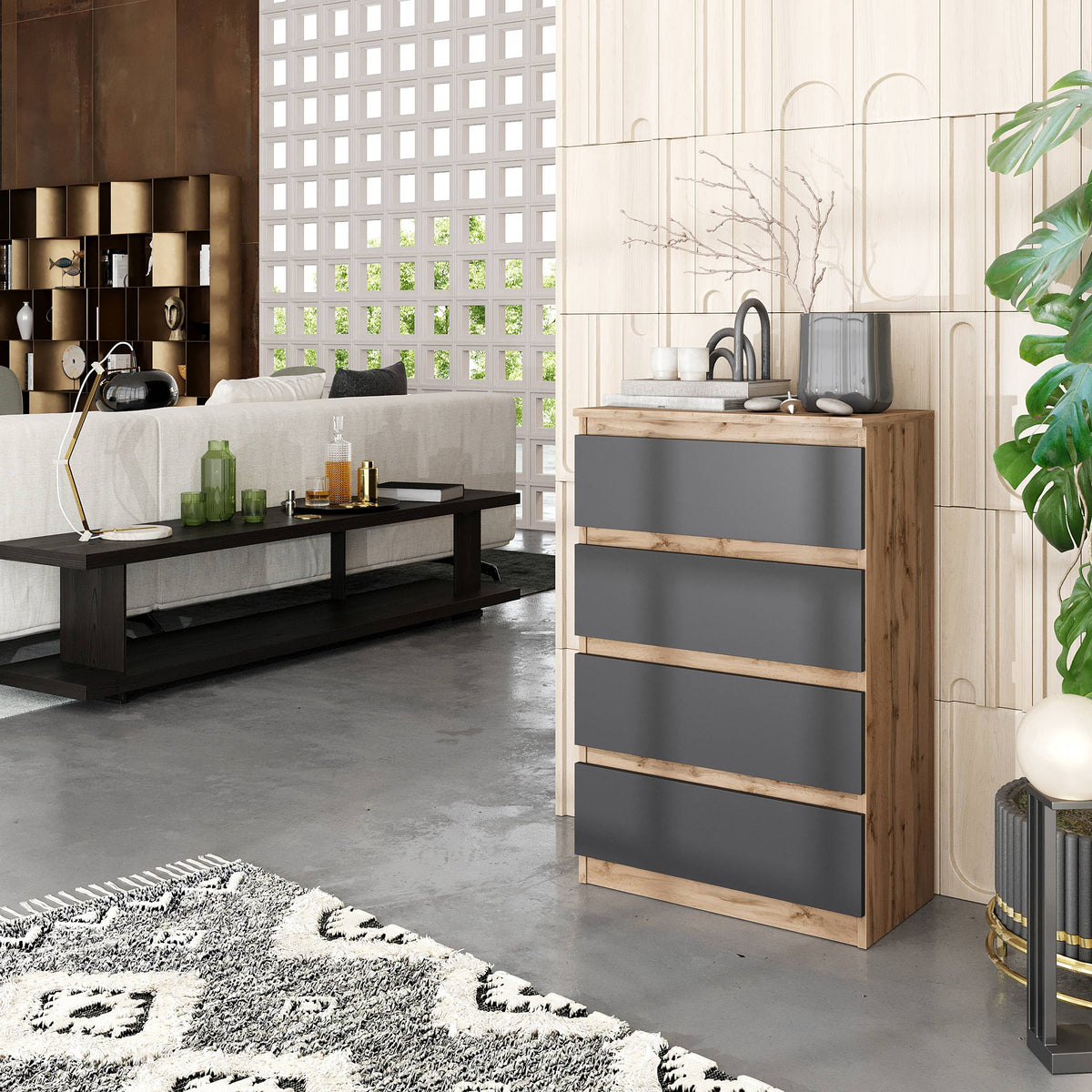 DANIEL Dressoir / Sideboard met 4 Laden – Wotan Eiken / Antraciet, MFC, H92 × B60 × D33 cm