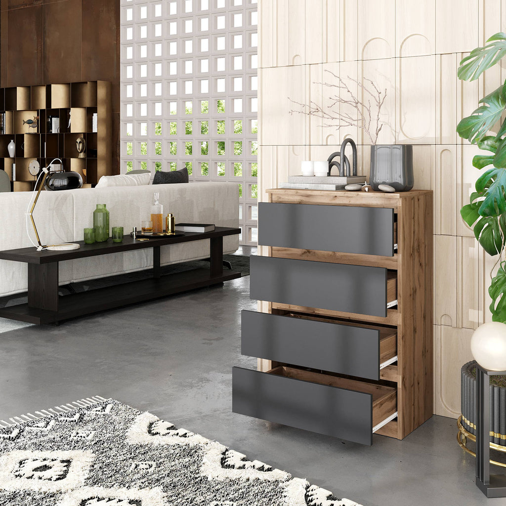 DANIEL Dressoir / Sideboard met 4 Laden – Wotan Eiken / Antraciet, MFC, H92 × B60 × D33 cm