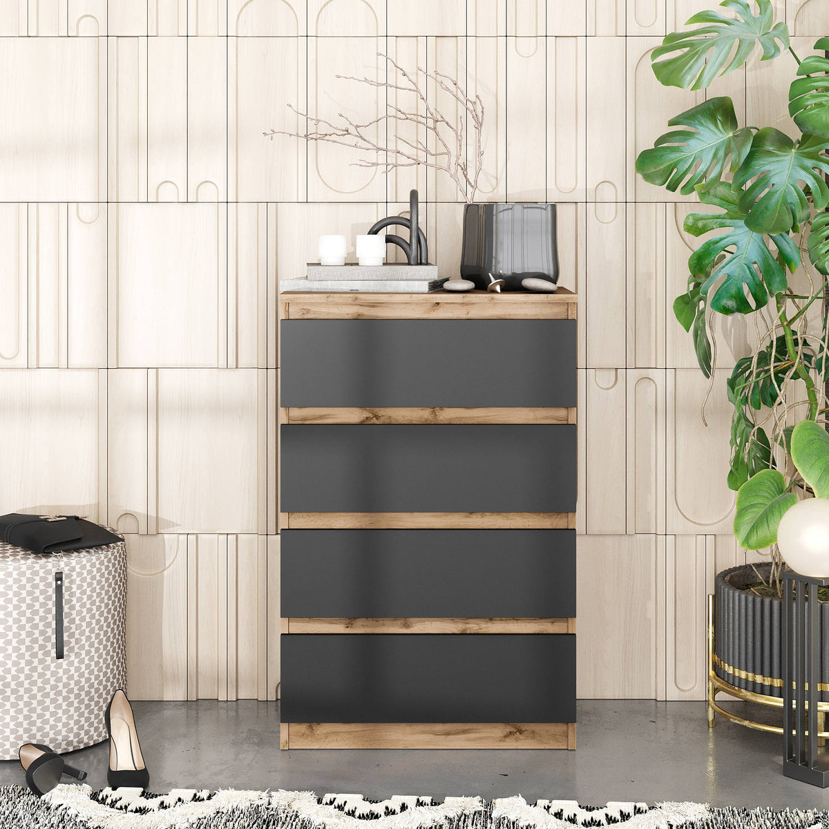 DANIEL Dressoir / Sideboard met 4 Laden – Wotan Eiken / Antraciet, MFC, H92 × B60 × D33 cm