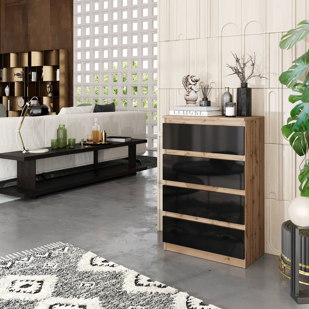 SAMUEL Dressoir / Sideboard met 4 Laden – Wotan Eiken / Zwart Hoogglans, MFC, H92 × B60 × D33 cm