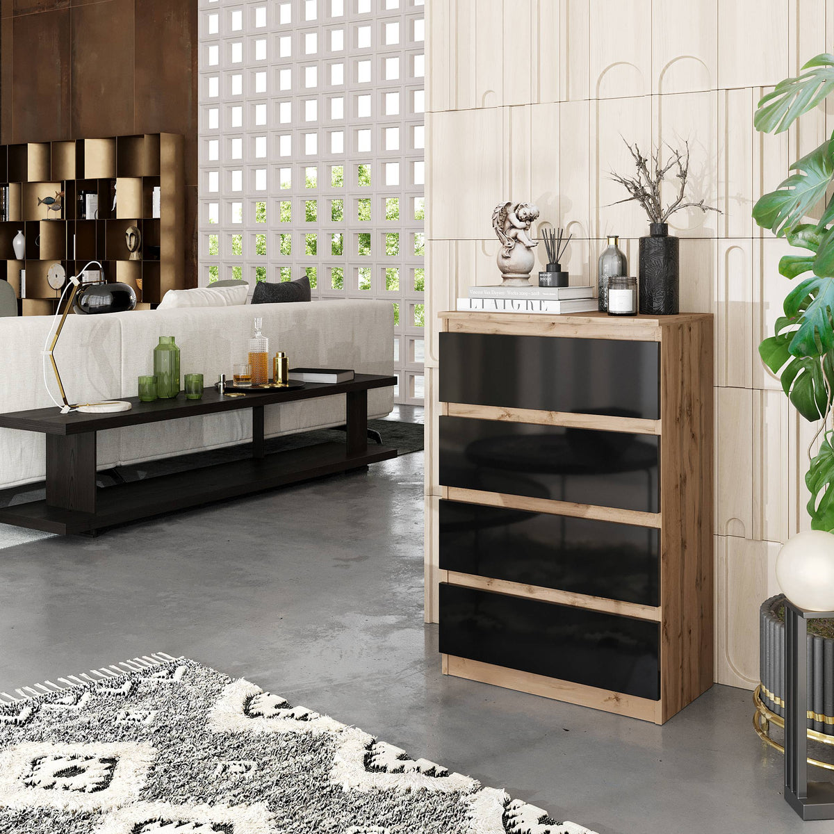 SAMUEL Dressoir / Sideboard met 4 Laden – Wotan Eiken / Zwart Hoogglans, MFC, H92 × B60 × D33 cm
