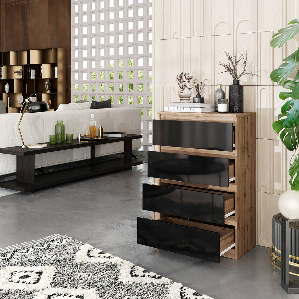 SAMUEL Dressoir / Sideboard met 4 Laden – Wotan Eiken / Zwart Hoogglans, MFC, H92 × B60 × D33 cm