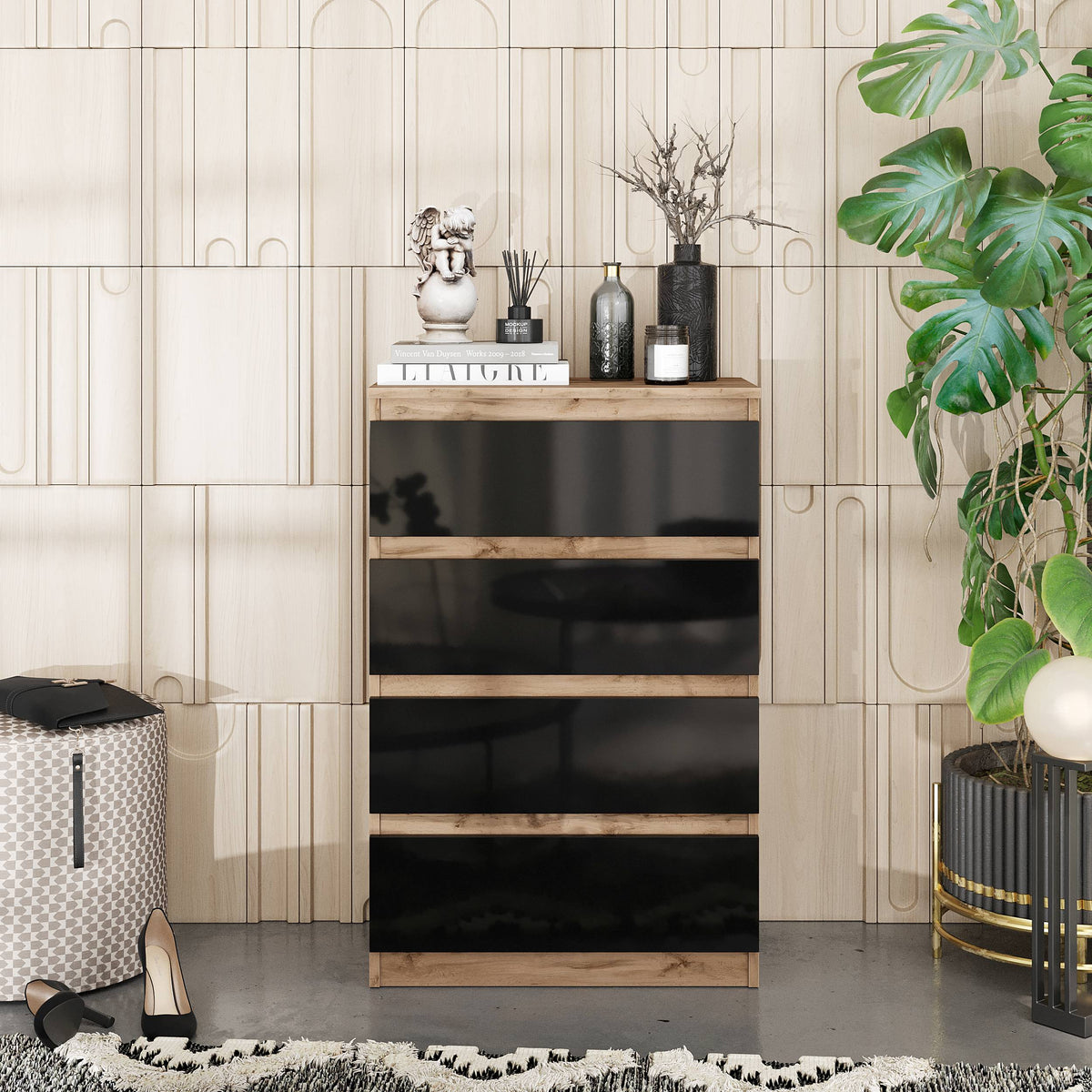 SAMUEL Dressoir / Sideboard met 4 Laden – Wotan Eiken / Zwart Hoogglans, MFC, H92 × B60 × D33 cm