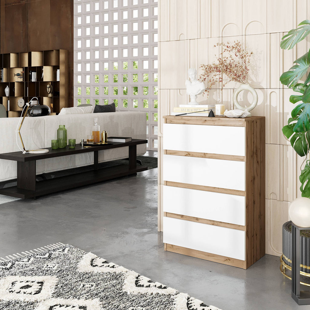 JASPER Dressoir / Sideboard met 4 Laden – Wotan Eiken / Wit Mat, MFC, H92 × B60 × D33 cm