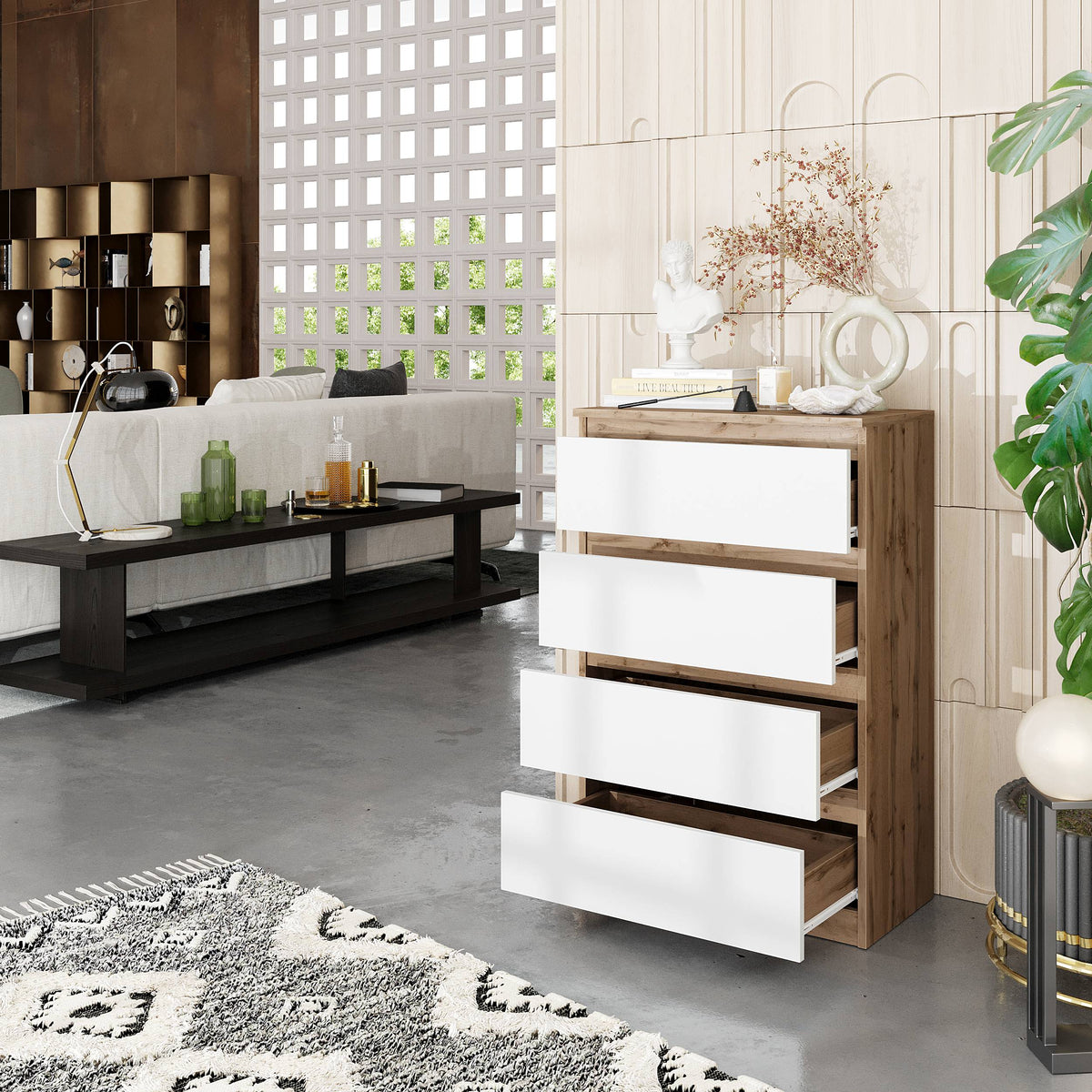 JASPER Dressoir / Sideboard met 4 Laden – Wotan Eiken / Wit Mat, MFC, H92 × B60 × D33 cm