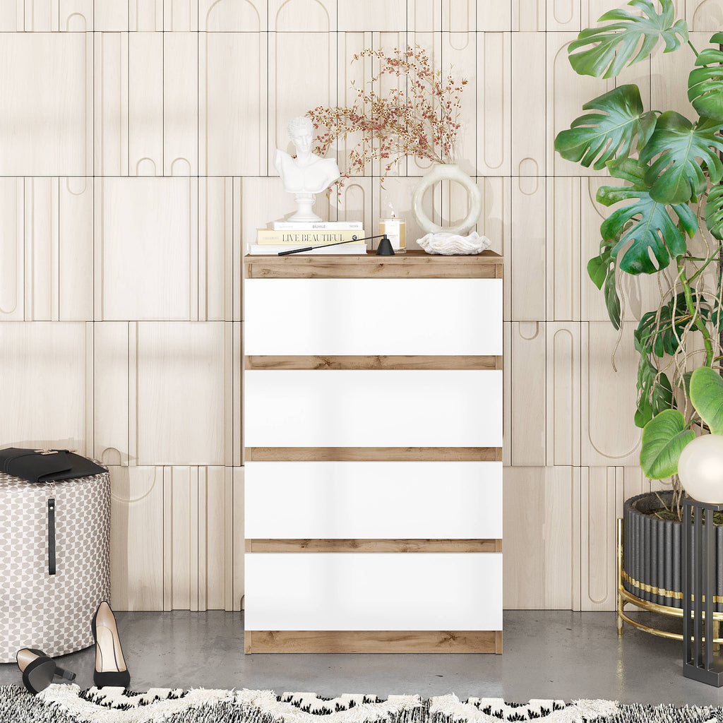 JASPER Dressoir / Sideboard met 4 Laden – Wotan Eiken / Wit Mat, MFC, H92 × B60 × D33 cm