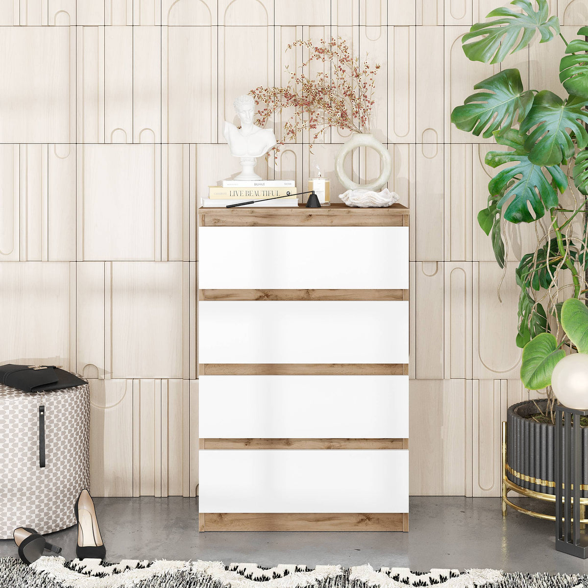 JASPER Dressoir / Sideboard met 4 Laden – Wotan Eiken / Wit Mat, MFC, H92 × B60 × D33 cm