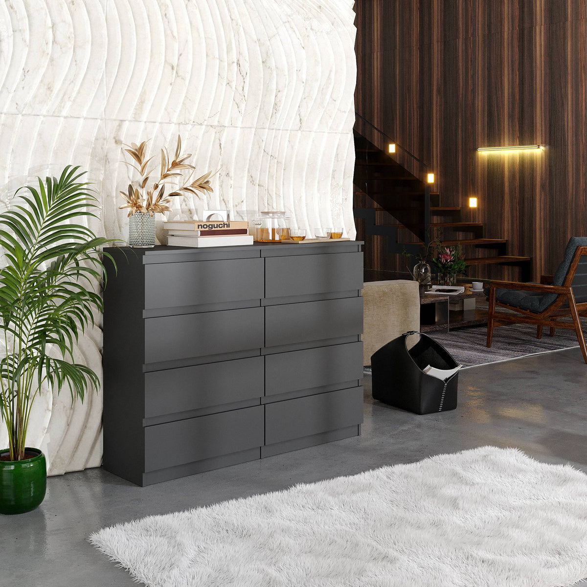 DIRK Ladekast 120 x 92 x 33 cm – Dressoir met 8 Lades, Antracietgrijs, MFC Opbergkast