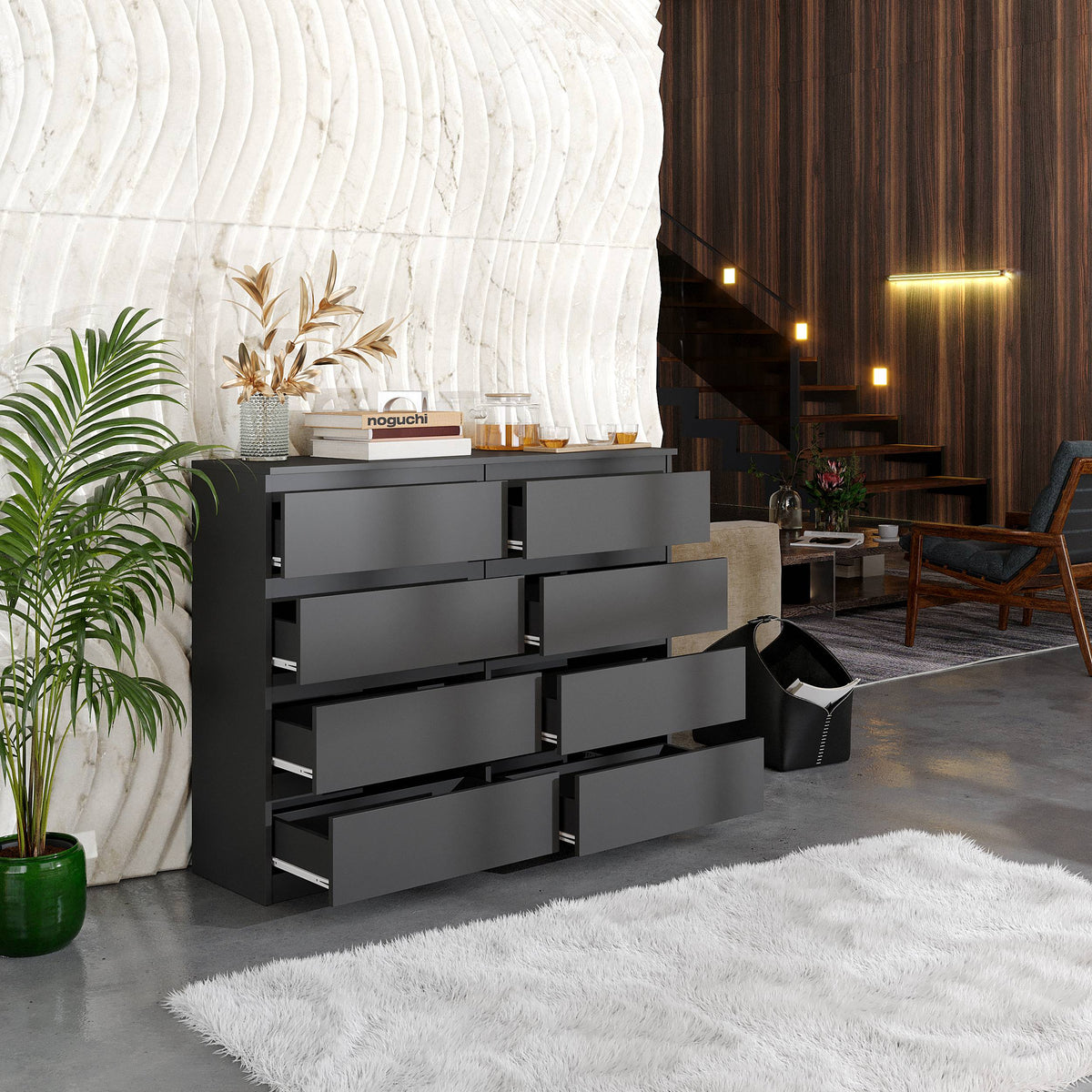 DIRK Ladekast 120 x 92 x 33 cm – Dressoir met 8 Lades, Antracietgrijs, MFC Opbergkast
