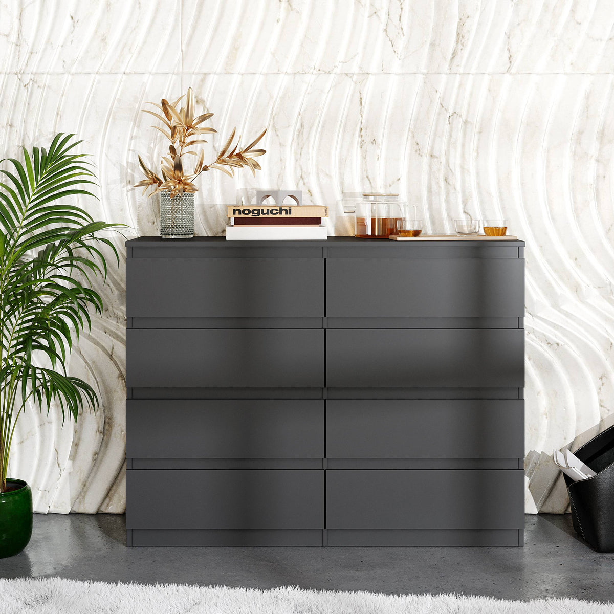 DIRK Ladekast 120 x 92 x 33 cm – Dressoir met 8 Lades, Antracietgrijs, MFC Opbergkast
