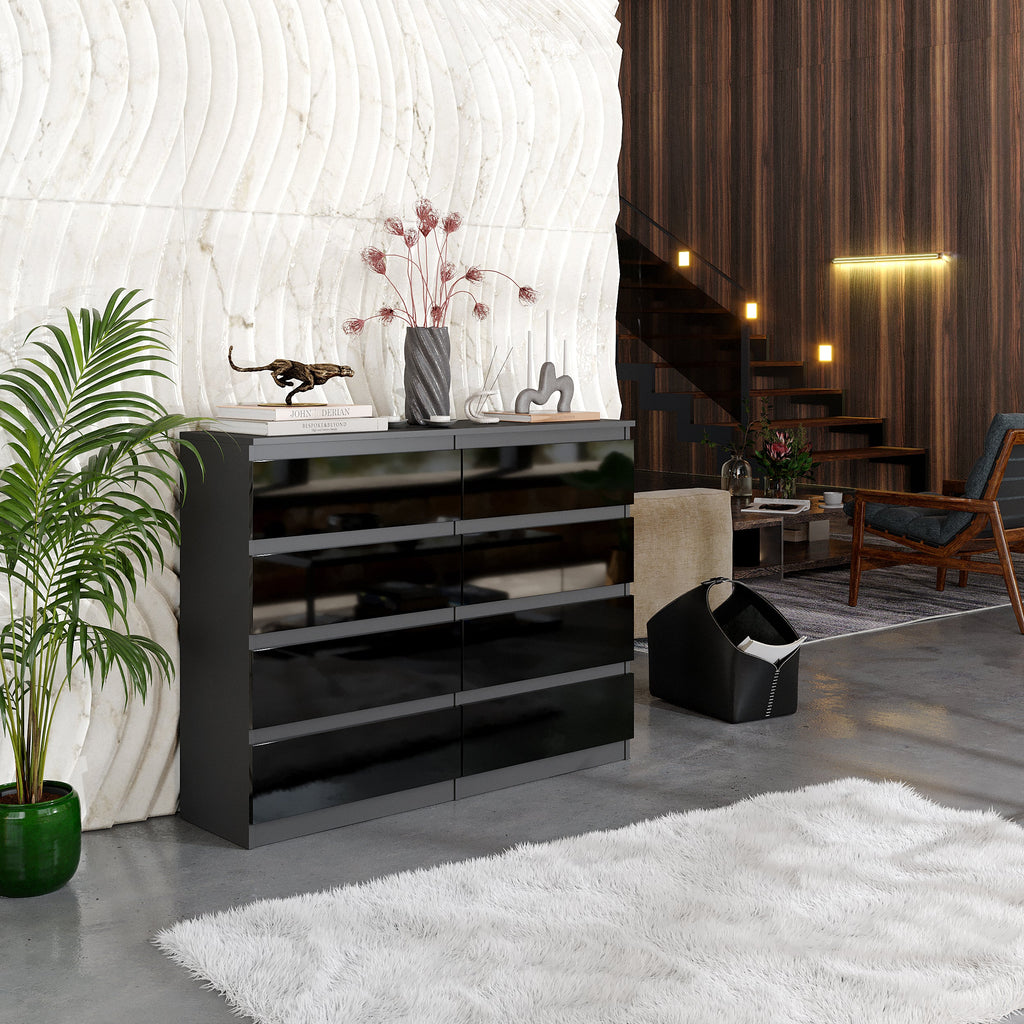 VINCENT Dressoir / Sideboard met 8 Laden – Antraciet / Zwart Hoogglans, MFC, H92 × B120 × D33 cm