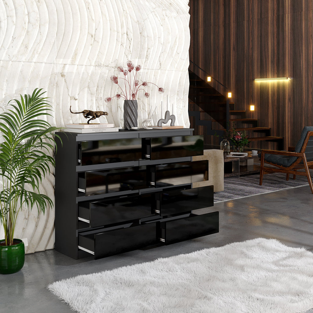 VINCENT Dressoir / Sideboard met 8 Laden – Antraciet / Zwart Hoogglans, MFC, H92 × B120 × D33 cm