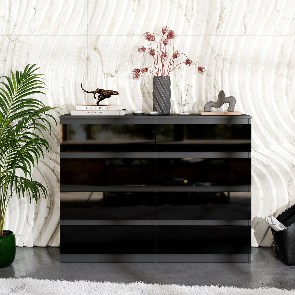 VINCENT Dressoir / Sideboard met 8 Laden – Antraciet / Zwart Hoogglans, MFC, H92 × B120 × D33 cm